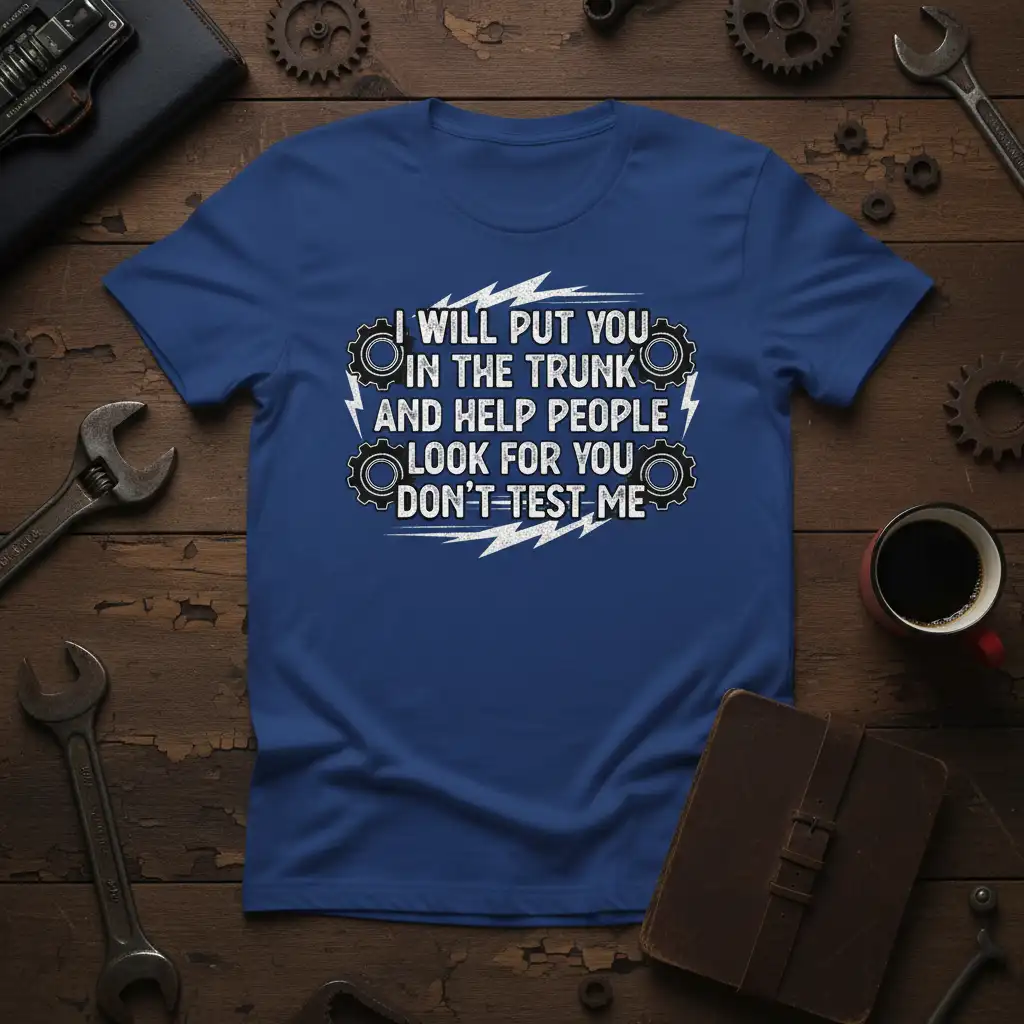 I Will Put You In The Trunk And Help People Look For You Don't Test Me quote on a blue tee with