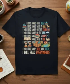 I Will Read Everywhere Book Lover T-Shirt design with various reading scenarios and colorful illustrations. Includes text about reading on