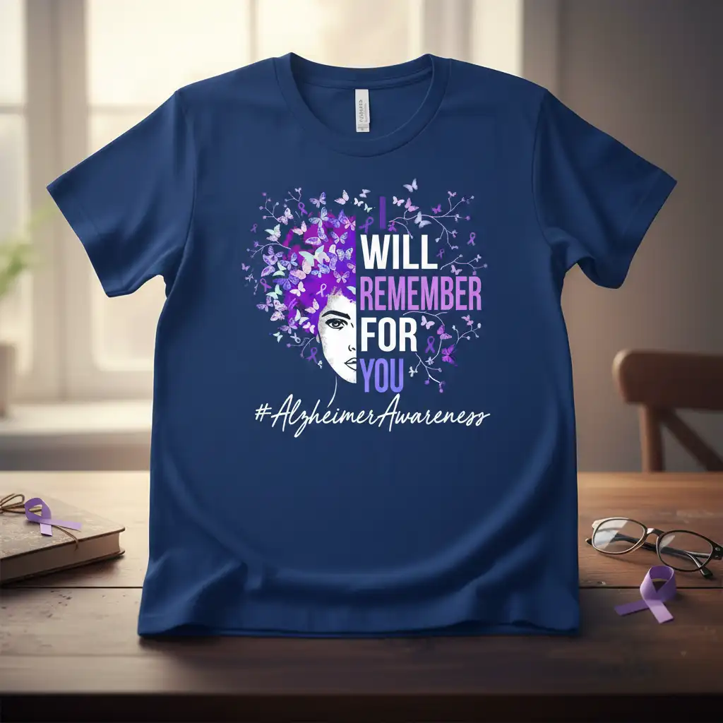 I WILL REMEMBER FOR YOU #AlzheimerAwareness bold typography printed on quality cotton blend creating a standout t-shirt