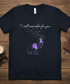 I will remember for you t-shirt with geometric elephant and purple awareness ribbons in a starry design