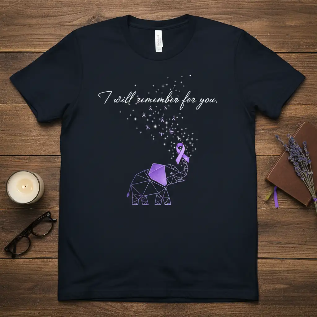 I will remember for you quote with purple awareness ribbon and geometric elephant graphic on a dark t-shirt
