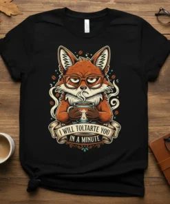 Grumpy fox wearing glasses holding a coffee mug with steam, text "I Will Toltarte You In A Minute" on a