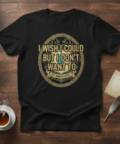 Black t-shirt with "I Wish I Could But I Don't Want To Est. Unmotivated" quote in gold and teal typography