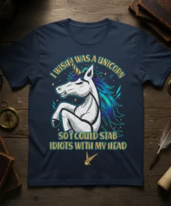 I Wish I Was a Unicorn So I Could Stab Idiots With My Head quote with a white unicorn graphic