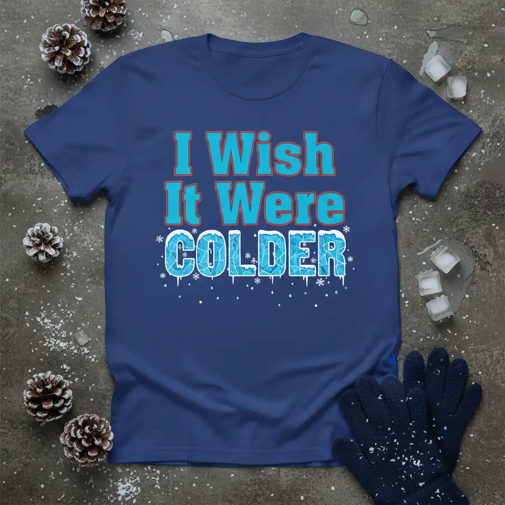 I Wish It Were COLDER text design with icy blue letters and falling snowflakes on a navy blue shirt