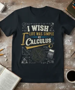 I Wish Life Was Simple As Calculus text design with math formulas and a calculator graphic on a black t-shirt
