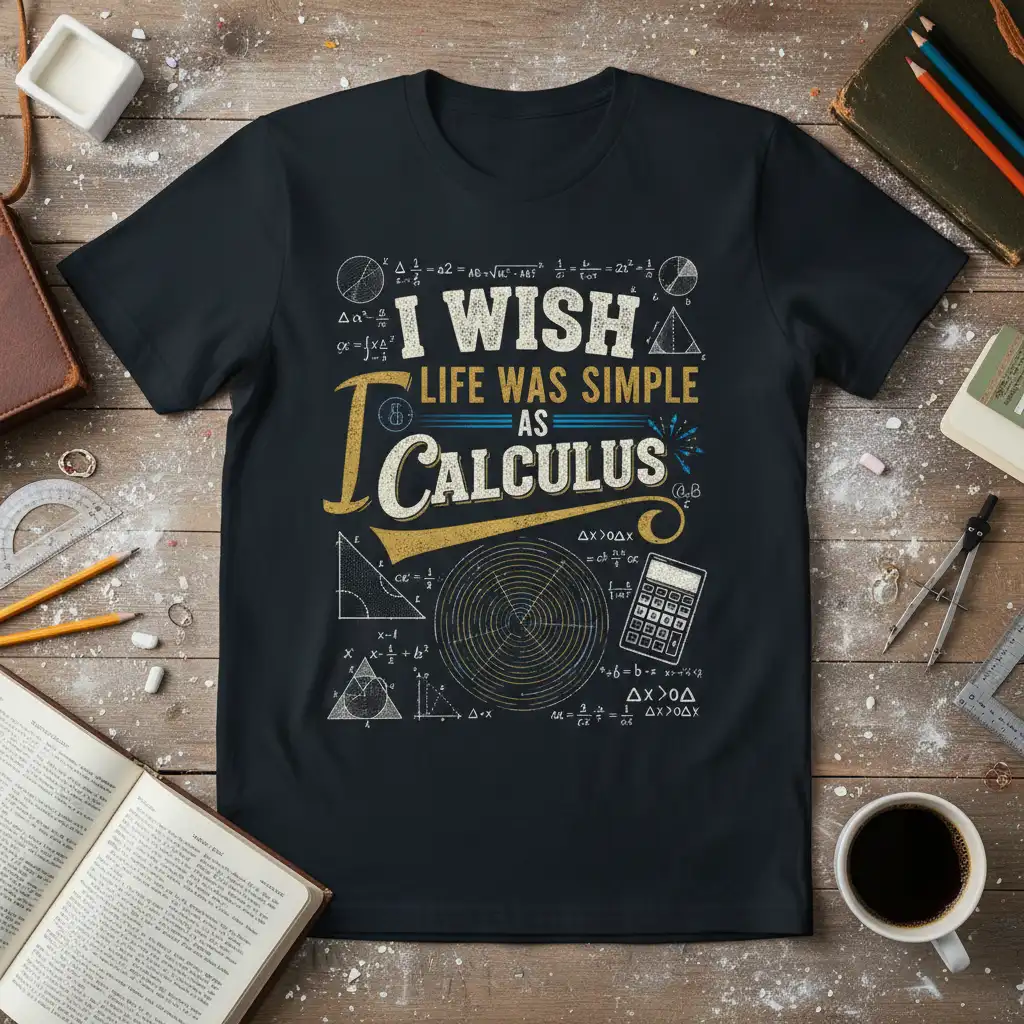 I Wish Life Was Simple As Calculus quote with chalk-style math formulas and a vintage calculator graphic on a dark t-shirt