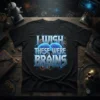 Black t-shirt with "I Wish These Were Brains" text and glowing blue brain graphics, science-themed design