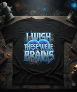 Black t-shirt with "I Wish These Were Brains" text and glowing blue brain graphics, science-themed design