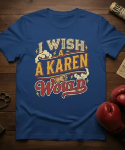 I Wish A Karen Would text design with a fist graphic on a blue t-shirt, featuring retro typography and clouds
