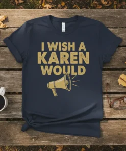 I Wish A Karen Would text with a megaphone graphic on a navy t-shirt
