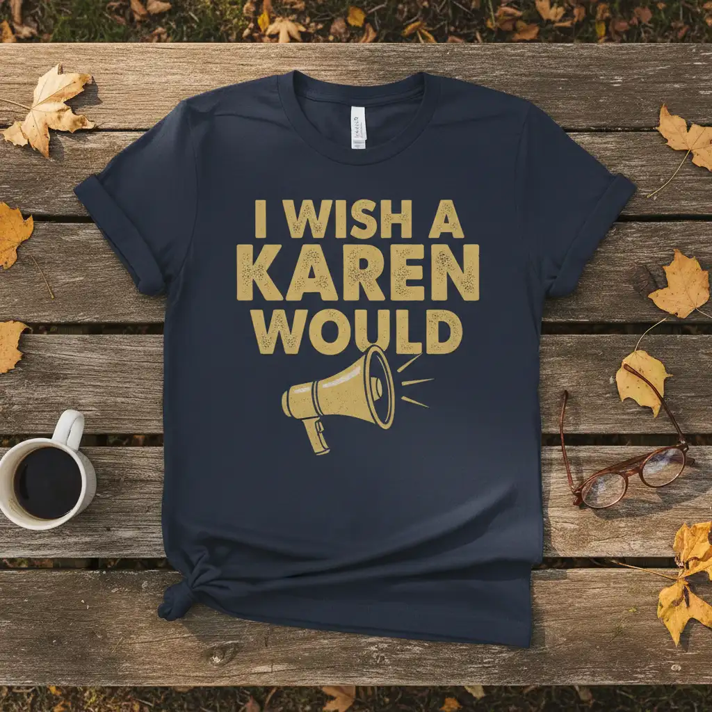 I Wish A Karen Would quote with megaphone illustration on a dark t-shirt