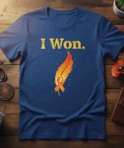 Blue t-shirt with yellow text "I Won." and a fiery orange feather with an orange awareness ribbon, representing victory and