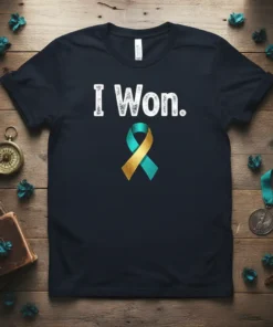 Dark navy t-shirt with white text "I Won." and a teal and gold awareness ribbon graphic