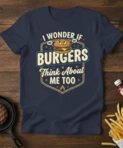 I Wonder If Burgers Think About Me Too funny burger quote t-shirt design with a cartoon burger graphic