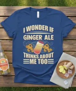 Blue t-shirt with the quote "I Wonder If Ginger Ale Thinks About Me Too" and graphics of ginger roots and