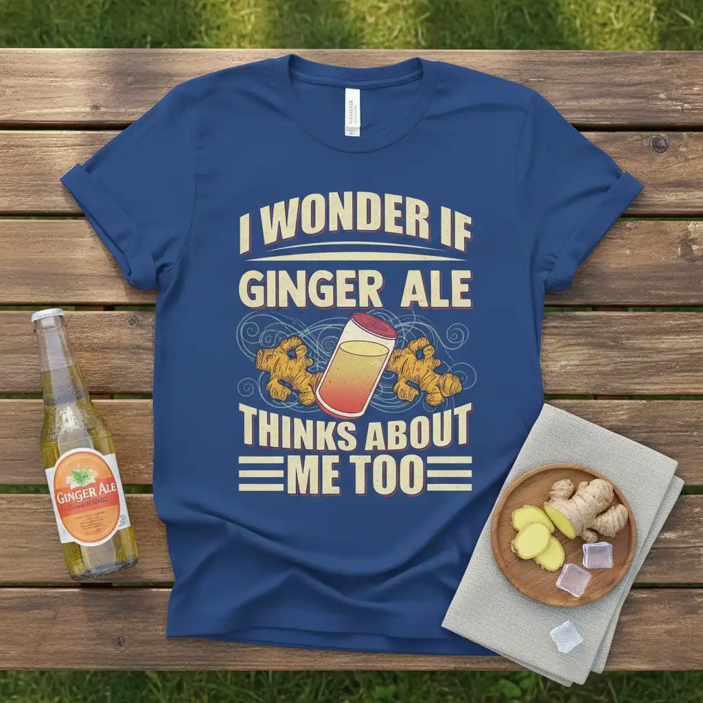I Wonder If Ginger Ale Thinks About Me Too quote on a blue t-shirt with ginger and soda graphics