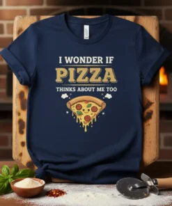 I Wonder If Pizza Thinks About Me Too text design with a happy slice of pizza graphic on a navy