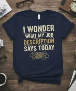 I Wonder What My Job Description Says Today quote on a navy t-shirt, featuring distressed gold and white typography and