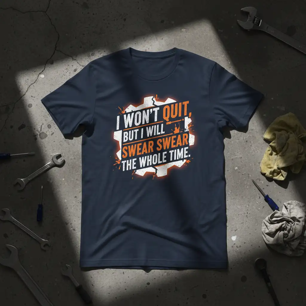 I WON'T QUIT, BUT I WILL SWEAR SWEAR THE WHOLE TIME. quote on navy t-shirt, highlighting mechanic and construction themes