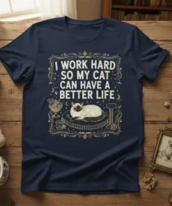 I Work Hard So My Cat Can Have A Better Life quote on a navy t-shirt with a siamese cat