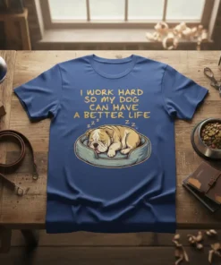 I Work Hard So My Dog Can Have A Better Life text with sleeping bulldog graphic on a blue t-shirt