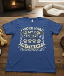 I WORK HARD SO MY DOG CAN HAVE A BETTER LIFE quote with paw prints graphic on a blue t-shirt