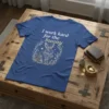 I work hard for the bunny quote with a crowned rabbit graphic and floral wreath on a blue t-shirt