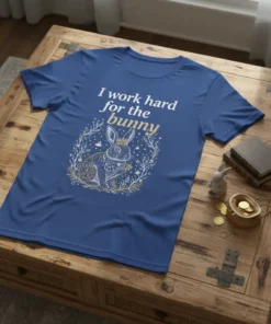 I work hard for the bunny quote with a crowned rabbit graphic and floral wreath on a blue t-shirt