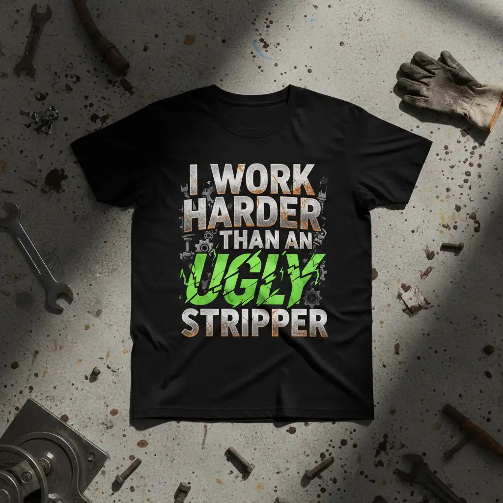I WORK HARDER THAN AN UGLY STRIPPER text design with distressed industrial graphics on a black t-shirt