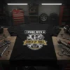 Black t-shirt with "I Work With A Bunch Of Tools" text and graphic of tools, piston, and spark plug