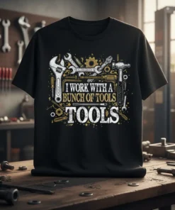 Black t-shirt with white and gold text "I Work With A Bunch Of Tools Tools" surrounded by various wrenches, gears