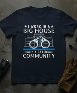 I Work In A Big House In A Gated Community quote on navy t-shirt with handcuffs and building graphic