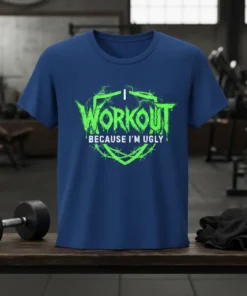 Blue t-shirt with neon green text "I Workout Because I'm Ugly" in a distressed, thorny circle design