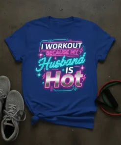 I Workout Because My Husband Is Hot quote on a royal blue t-shirt with neon-style lettering
