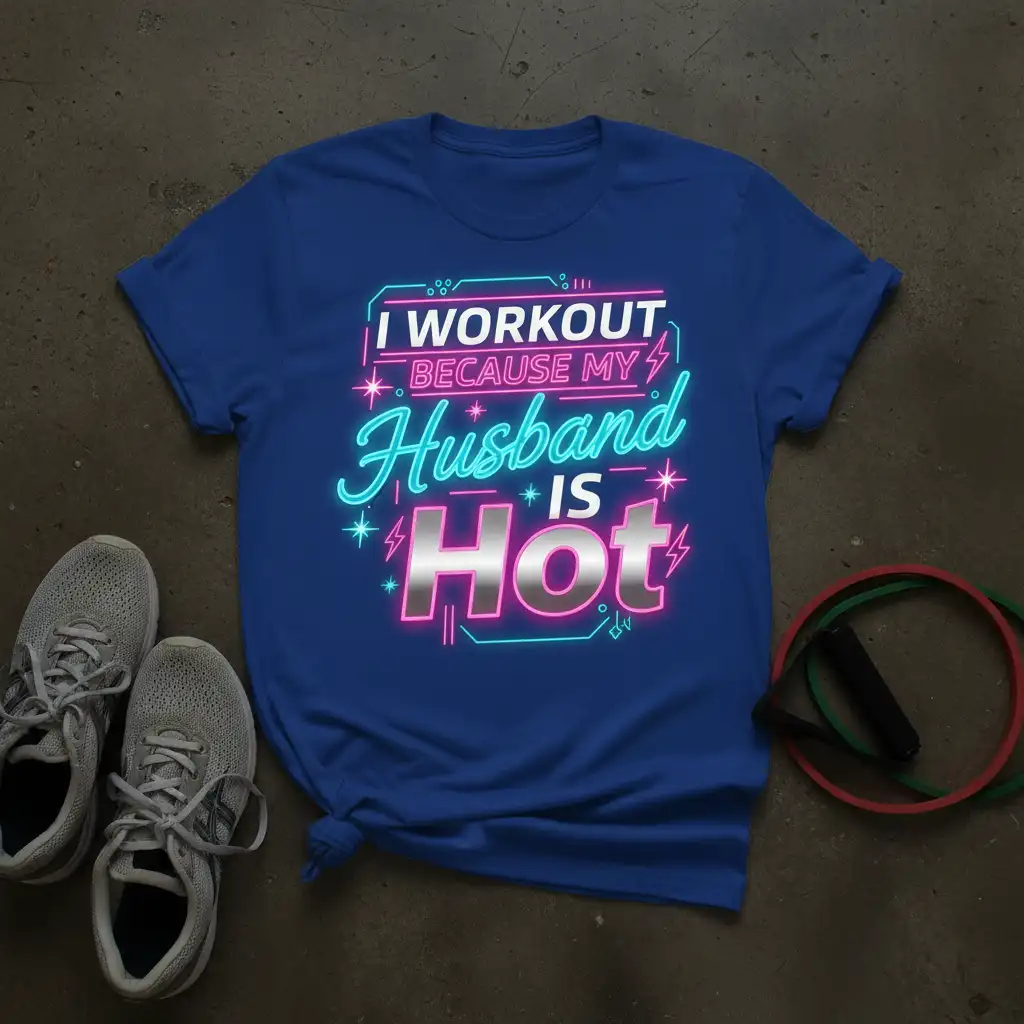 I Workout Because My Husband Is Hot funny quote t-shirt with neon-style lettering
