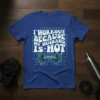 I Workout Because My Husband Is Hot quote on a blue t-shirt with a dumbbell graphic and circuit board design