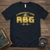 I Workout Like RBG text with barbell graphic on navy t-shirt, fitness and strength design