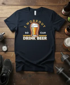 Navy t-shirt with "I Workout So Can Drink Beer" text and a beer glass graphic