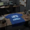T-shirt design with the quote "I Would Save The Receptionist" in bold blue neon-style text, featuring line art of people