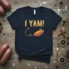 I Yam! text design with a steaming sweet potato graphic and heart, on a navy t-shirt