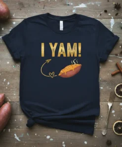 I Yam! text design with a steaming sweet potato graphic and heart, on a navy t-shirt