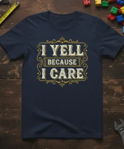 Navy t-shirt with distressed yellow text that reads "I YELL BECAUSE I CARE" in a decorative frame