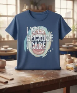 I YELL BECAUSE I CARE quote on a blue t-shirt with a colorful paint-like background graphic