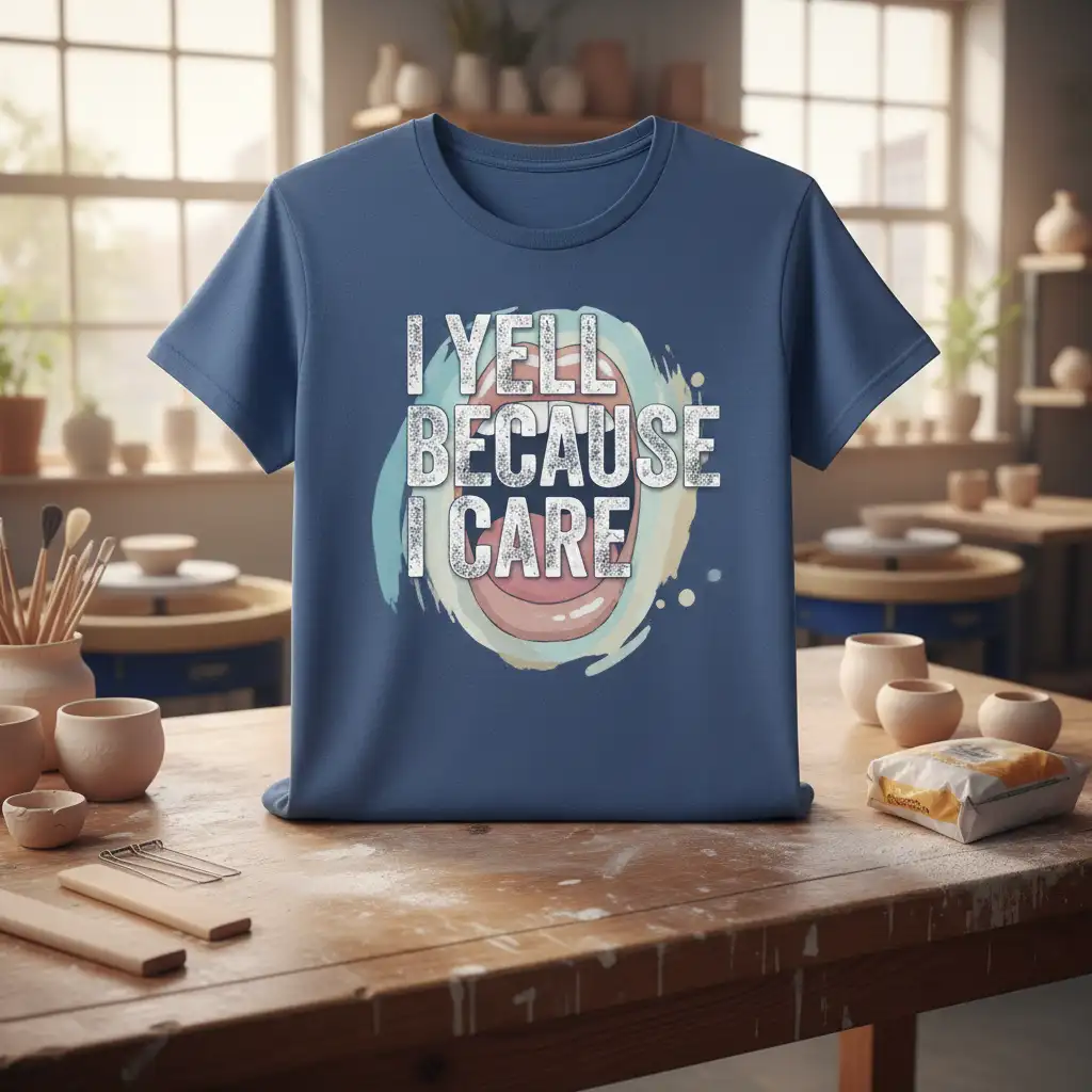 I YELL BECAUSE I CARE humorous quote design on a blue t-shirt with artistic paint splash elements