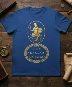I A N AKFACAZ CAKAWO t-shirt with a golden mythological centaur creature in an oval frame and ornate border below