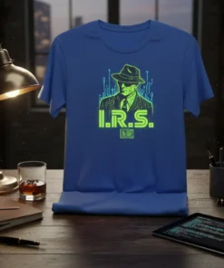 I.R.S. text design with a man in a fedora and suit, stylized with circuit board elements on a blue t-shirt