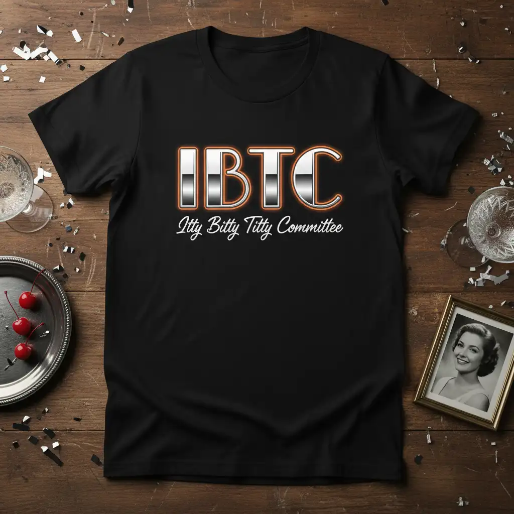 IBTC Itty Bitty Titty Committee bold metallic letters and cursive text on a black t-shirt for adult humor