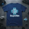 Ibuprofen T-Shirt with a neon brain graphic inside a cross, highlighting pain relief and headache cure theme