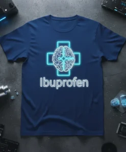 Ibuprofen T-Shirt with a neon brain graphic inside a cross, highlighting pain relief and headache cure theme
